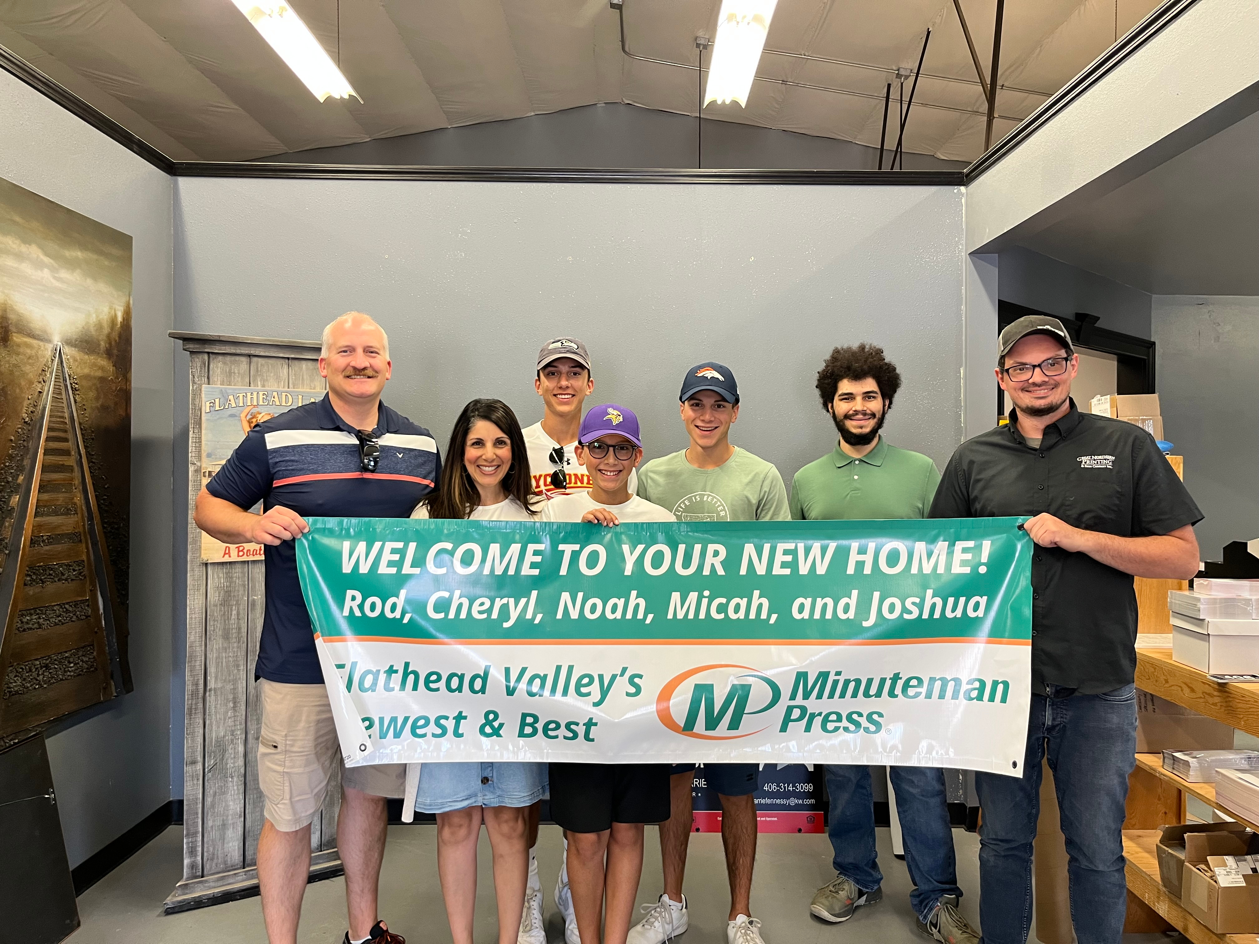Minuteman Press, Flathead Valley, MT – Pictured left to right: Rod and Cheryl Klippenstein, owners; their sons Micah, Joshua, and Noah; and staff members Asa and David. https://sellyourprintingbusiness.com