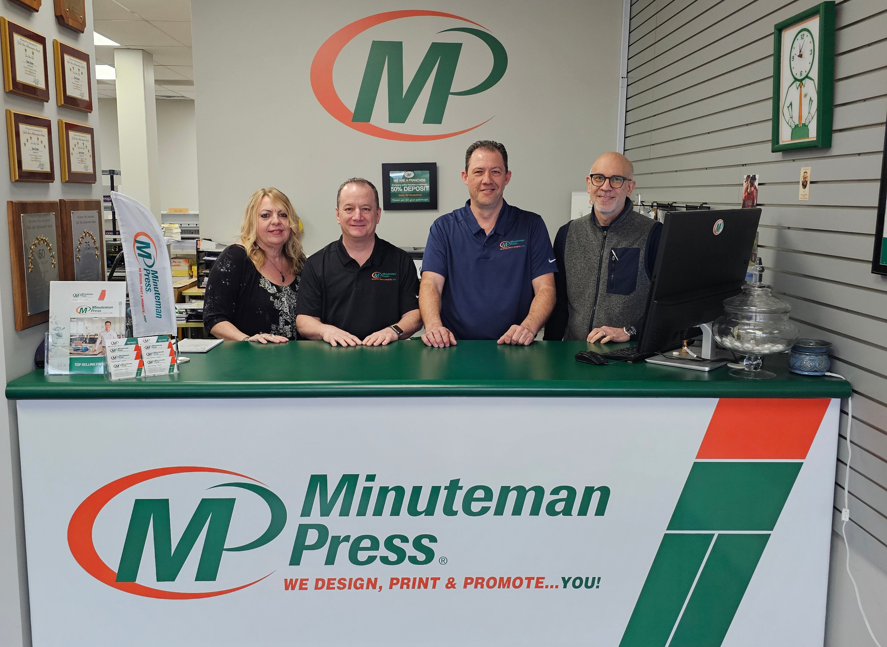Minuteman Press in Flemington, NJ has merged with Printech. Pictured L-R: Kathy Kilgore, Joe Mastrull (Owner, Printech), Jason Jacobus (Owner, Minuteman Press Flemington), and Tony Saliola. Moving forward, the combined company will operate as Minuteman Press. https://sellyourprintingbusiness.com